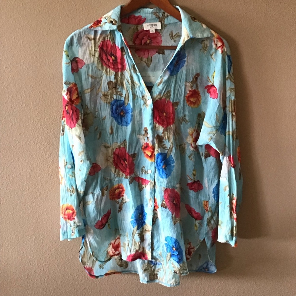 Umgee Blue Floral Gauze Lightweight Tunic Blouse (M)
